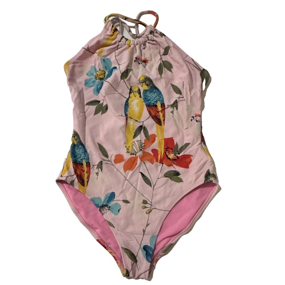 GapKids Girls Pink Bird Floral Print Lined One-Piece Swimsuit L (10) Regular